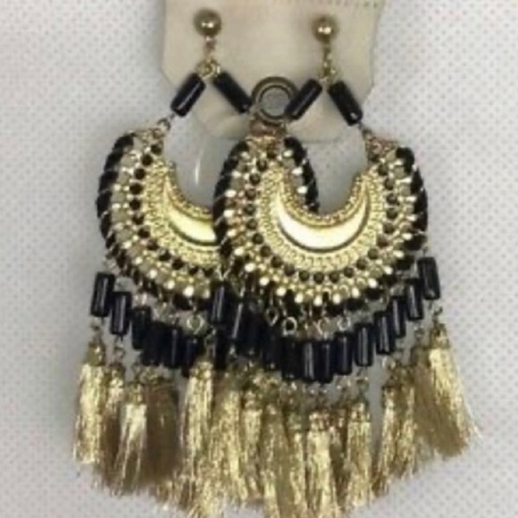 Anthropologie Daria Gold Fringe & Black Bohemian Boho Resin Drop Earrings NWT - Picture 6 of 6